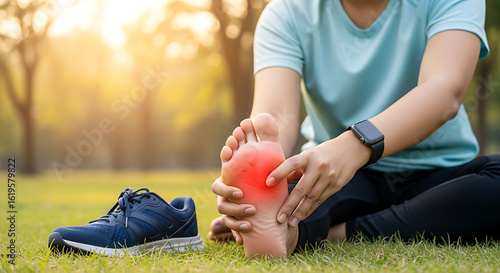 Woman touching foot indicating pain after running outdoors on green grass