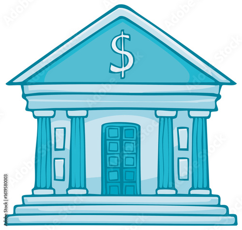 Cartoon illustration of a bank building with a dollar sign on the roof