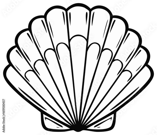 Simple black and white line art illustration of a scallop seashell outline for marine and beach themes