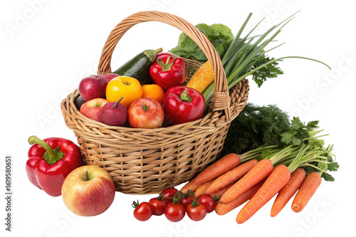 Wicker basket overflowing with fresh fruits and vegetables isolated on transparent background