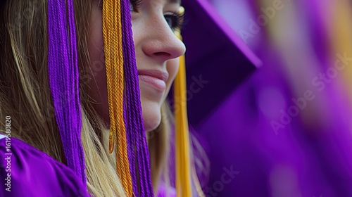 Close-up of a thoughtful female graduate wearing a purple graduation gown with gold tassels.