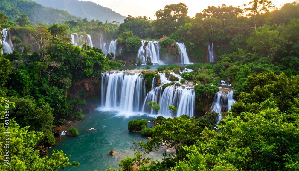 Obraz premium Lush waterfalls cascading through a verdant valley
