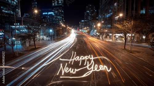 Night cityscape with Happy New Year written in light trails