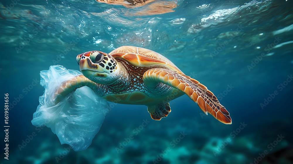 Fototapeta premium Sea turtle entangled in plastic underwater, ocean pollution and marine conservation concept