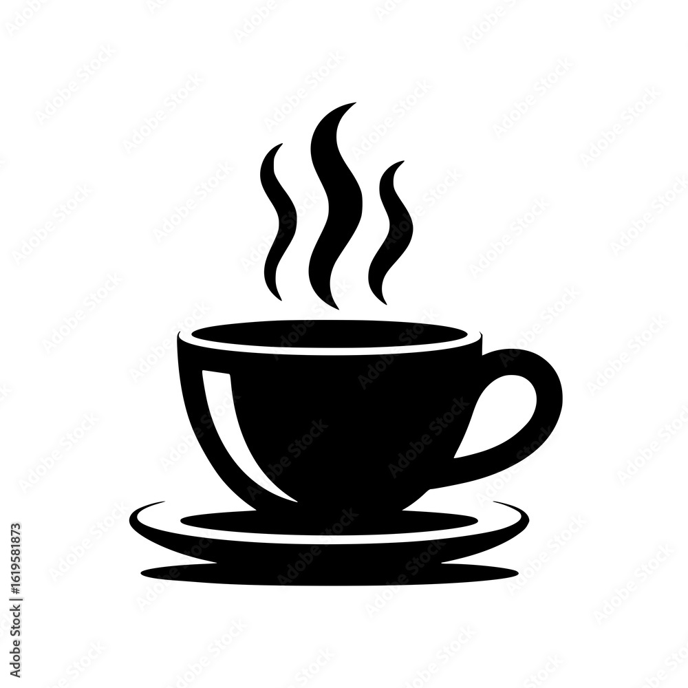Obraz premium Steaming Coffee Cup: A bold monochrome illustration depicts a hot cup of coffee on a saucer, with stylized steam rising above, perfect for cafe menus.