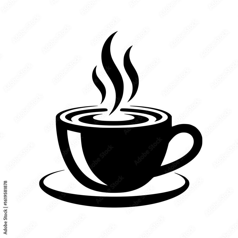 Obraz premium Steaming Coffee Cup: A bold, black and white vector illustration of a coffee cup with steam, showcasing its simple yet elegant design, perfect for cafe menus or branding.