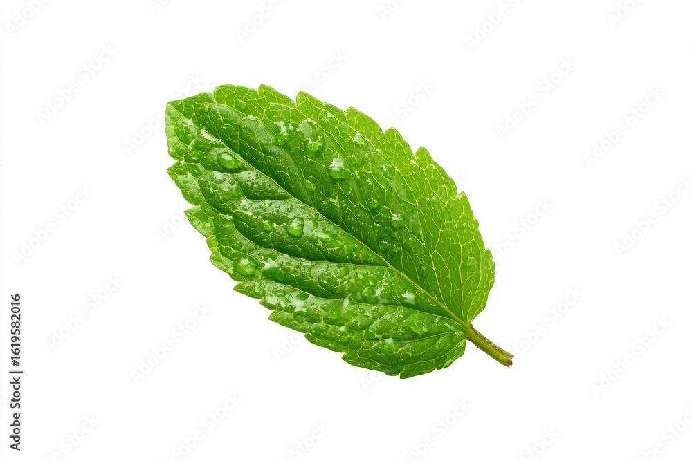 Fototapeta premium Single, vibrant green leaf with water droplets, isolated on white