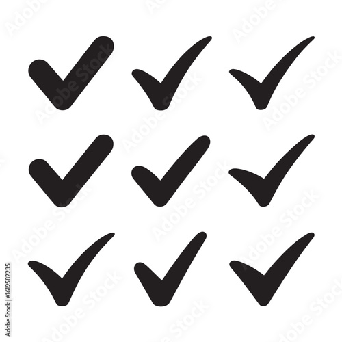Nine black check marks on white background tick correct