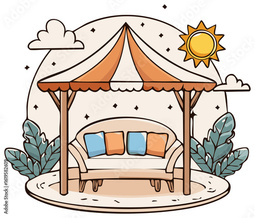 Hand drawn illustration of a cozy outdoor patio sofa under a canopy on a sunny day.