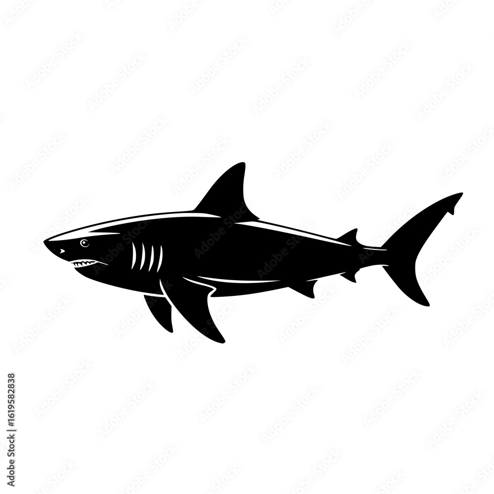 Fototapeta premium Shark Silhouette: A bold black and white vector illustration of a great white shark, showcasing its powerful form and sharp teeth against a clean white background.