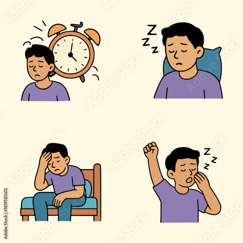 Flat illustration of sleepy male character with alarm clock, pillow, and bed, expressing fatigue and morning tiredness