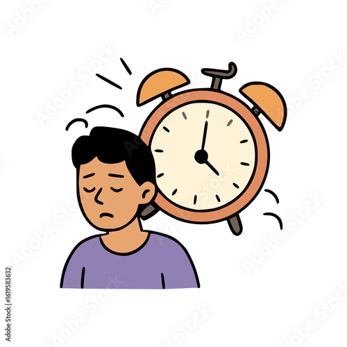 Sleepy male character in purple shirt feeling exhausted while alarm clock rings loudly in background