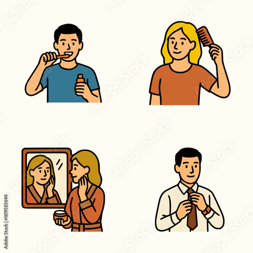 Flat style illustration of man and woman preparing in the morning with hygiene and grooming activities