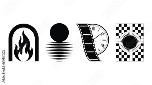 Abstract Black and White Icon Set Featuring Fire Time Nature and Geometric Design Elements for Modern Visuals