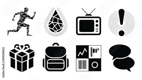 Black and white icon set representing modern life challenges and diverse elements of daily routines and activities