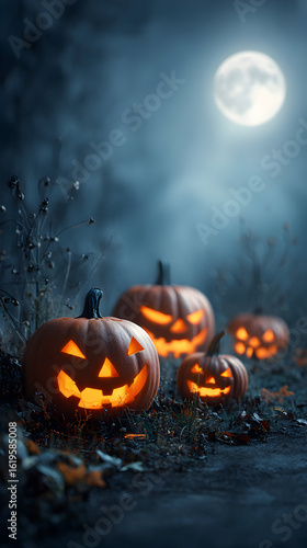 Glowing Jack-O'-Lanterns Under Moonlit Foggy Night Sky in Halloween Setting