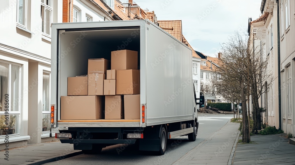 Naklejka premium Moving truck with moving boxes and furniture inside