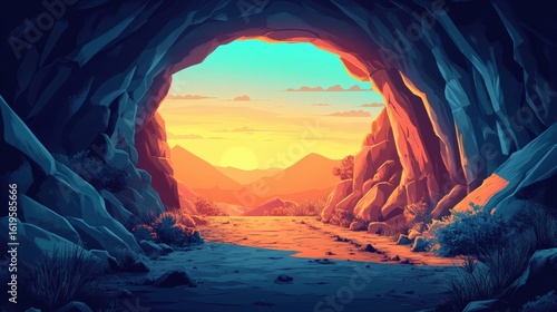 Cave opening reveals scenic sunset landscape with mountains, valley, and vegetation.