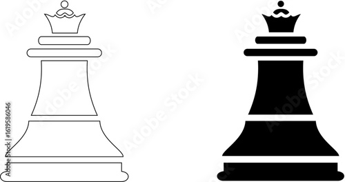 Monochrome chess king icons in outline and silhouette style. Vector graphic symbolizing strategy, leadership, and power in a board game.