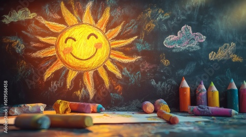 Chalkboard drawing of a smiling sun and clouds with used crayons and chalk.