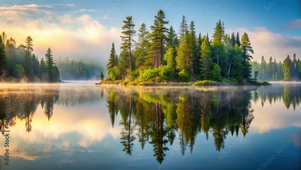 Obraz premium Serene forest with misty atmosphere and lake reflection in Boundary Waters