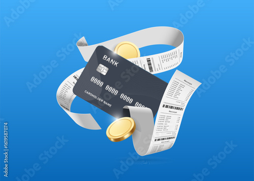 Paper receipts flow out from black credit card or ATM card and there are gold coins or dollars floating in the air around it, vector 3d on blue background for payment online, online shopping concept