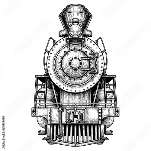 Vintage Steam Locomotive Engine Front View Black and White Illustration