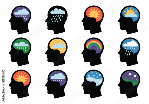 Human Head Silhouette Depicting Different Weather Conditions Inside the Brain Representing Mental State and Moods
