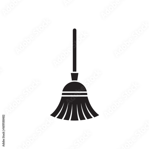 Black broom silhouette with long handle and fanned bristles vector cleaning
