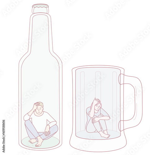 Conceptual illustration depicting people in bottles and mugs, symbolizing confinement and introspection.