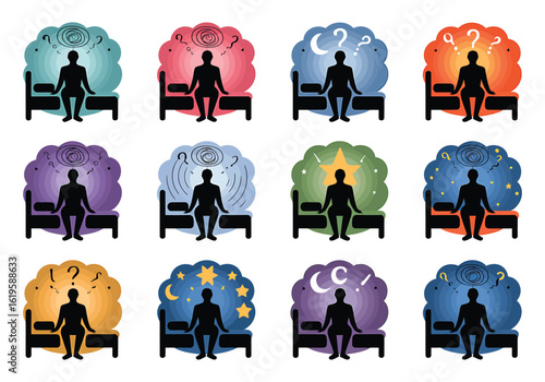 Illustrations depicting sleep issues with a person sitting on a bed under different thoughts and emotions colorful mental health representations