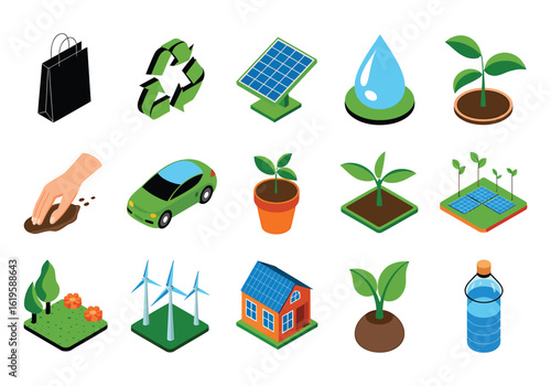 Isometric Environmental Sustainability Icons Representing Green Energy and Eco Friendly Practices in a Visually Appealing Format