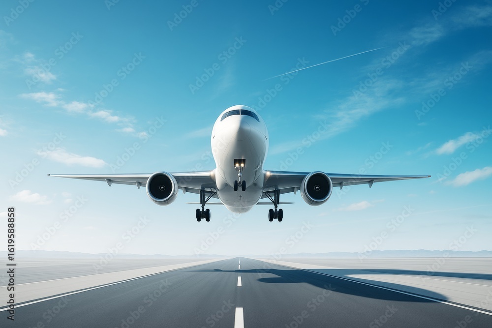 Obraz premium Commercial airplane taking off from runway under clear blue sky with jet engines visible and shadow on the asphalt. Ai generative.