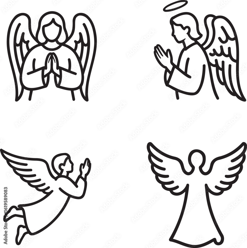 Obraz premium Set of Angel Outline vector illustration isolated On Transparent Background