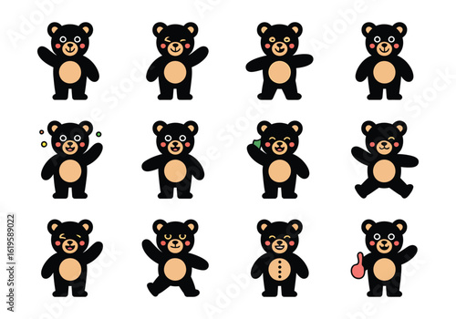 Set of Cartoon Black Bear Characters in Various Poses Happy Smiling Waving Cute Teddy Bear Illustrations on White Background