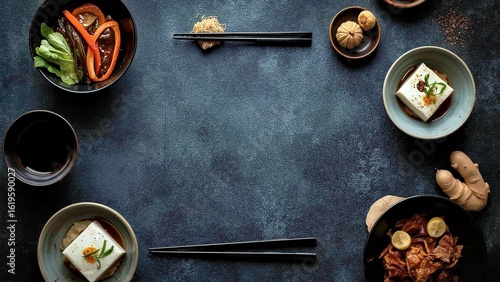 Usukuchi. Top view tofu soy sauce sushi chopsticks ingredients Japanes