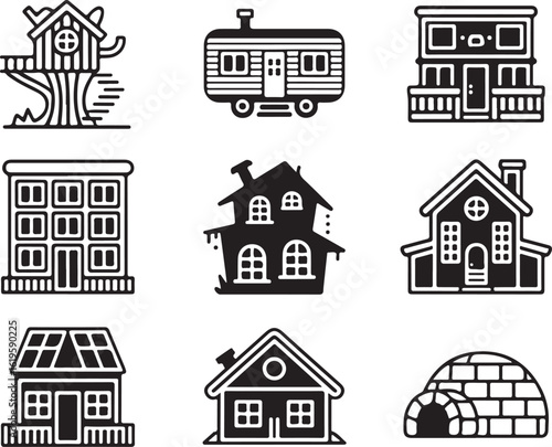 Diverse dwellings including treehouse caravan apartment building haunted house cottage igloo