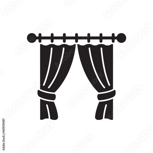 Black curtain rod with draped fabric and tiebacks vector