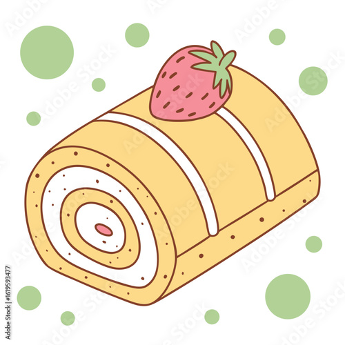 Stylized yellow swiss roll cake with strawberry and green circles cream dessert