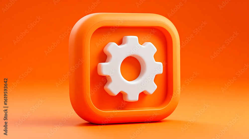 Settings icon illustration in orange square, gear symbol for web development Settings icon illustration in orange square, gear symbol for web development