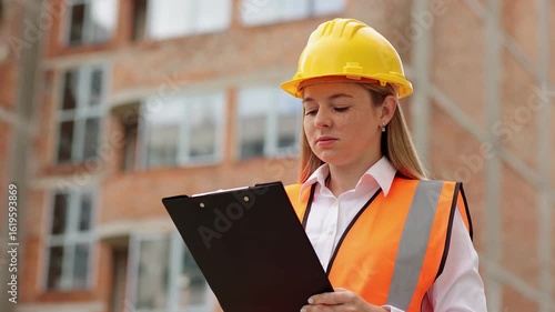 Professional Female Engineer reviews building plans on a clipboard at active construction site, Checking Plans on a Clipboard. wearing a hard hat and safety vest