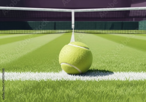 A tennis ball is sitting on a court Wimbledon, copy space. The ball is yellow and has a white stripe