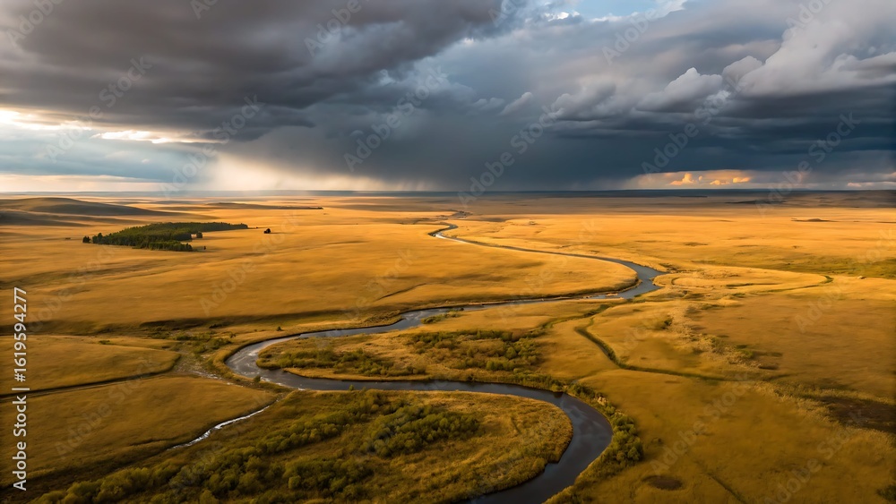Fototapeta premium aerial view winding river on savannah