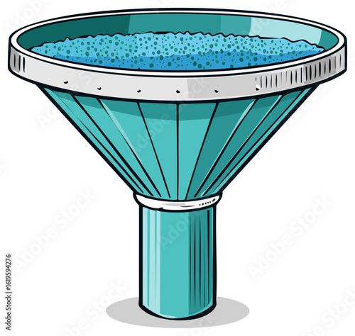 Cartoon filter funnel with blue granules illustration