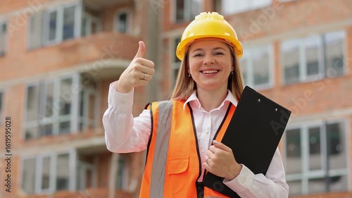 Young, confident female engineer in a hard hat and safety vest smiling and showing thumb up gesture at a construction site. successful project management and building development. approval