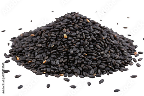 Pile of black sesame seeds isolated on transparent background