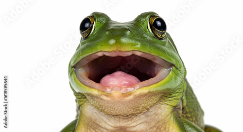 A charming and funny moment of a bullfrog yawning, frozen in perfect clarity.

