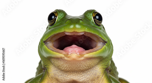 A charming and funny moment of a bullfrog yawning, frozen in perfect clarity.

