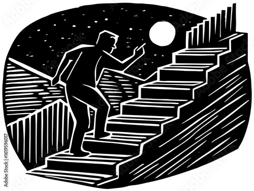 Climbing Stairs Toward Goal – Motivational Silhouette