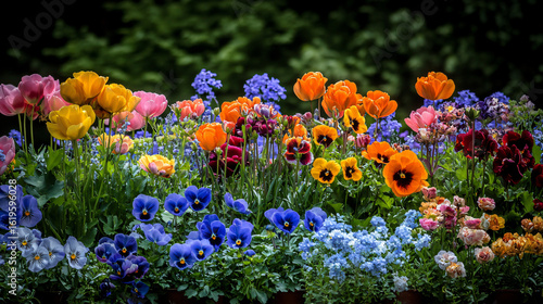 Lush garden filled with a vibrant array of colorful flowers in full bloom under bright sunlight